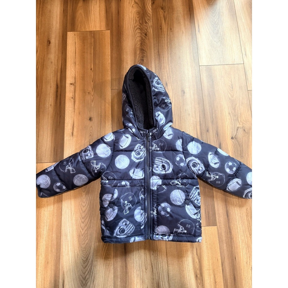 Carters Boys Winter Puffer Coat 3T Sherpa Fleece Lined Sports Theme Blue  Warm